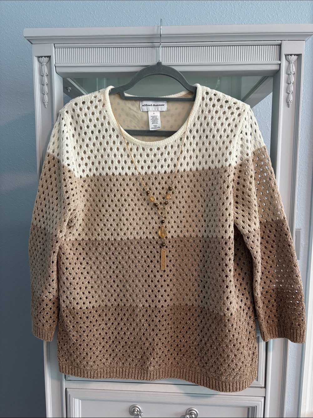 Alfred Dunner Open Weave Crewneck Sweater in Cream and Tan Ombre
